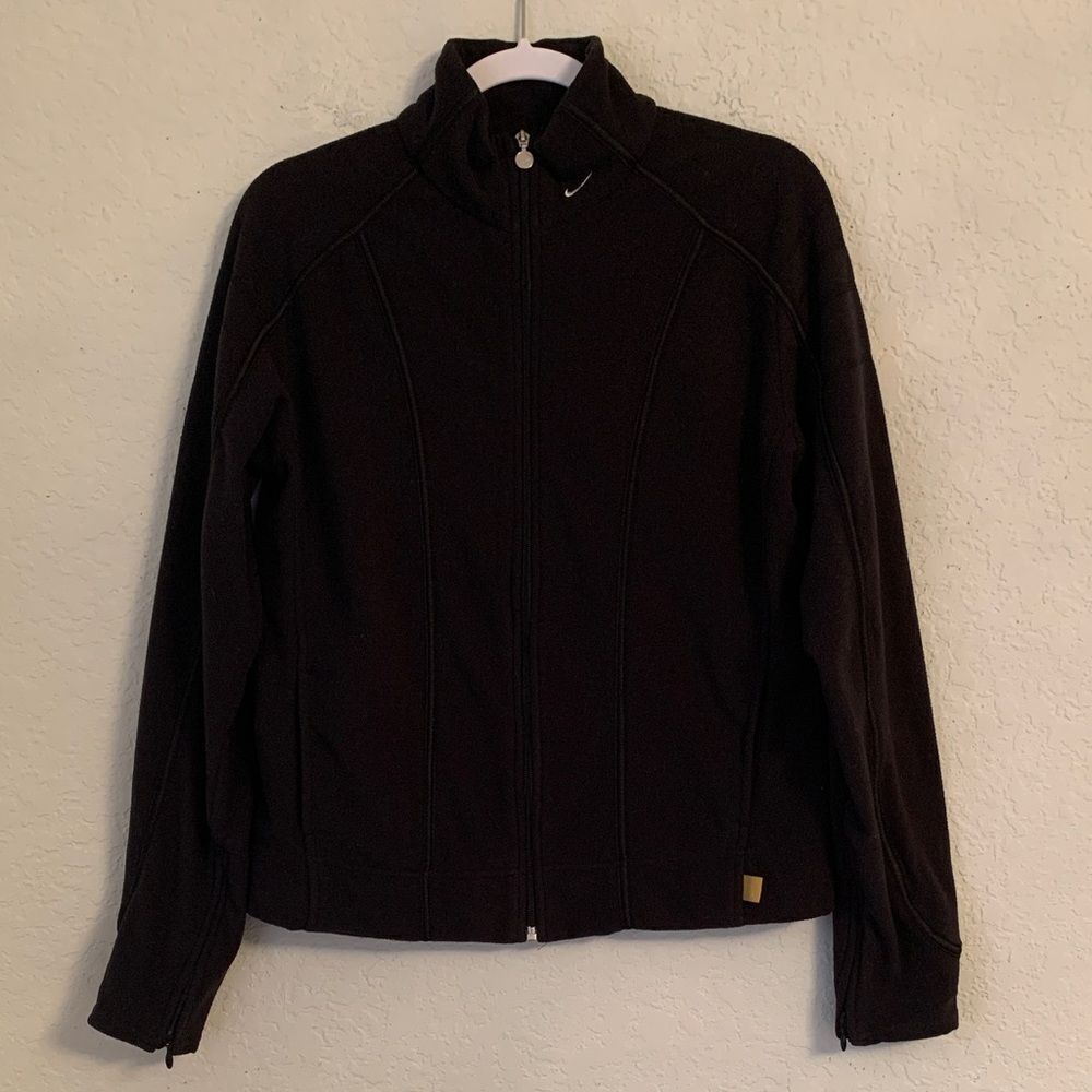 VTG Nike Women's Fleece Black Jacket Full Zip Mock Neck Logo Size L/12-14